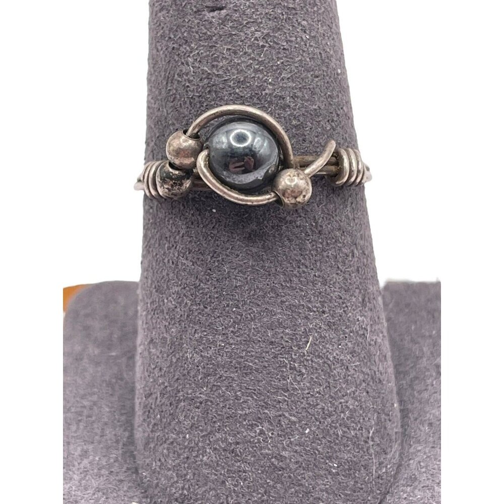 Hematite Sterling Silver Wire Wrapped Ring Size 7.75 Artisan Modernist Brutalist